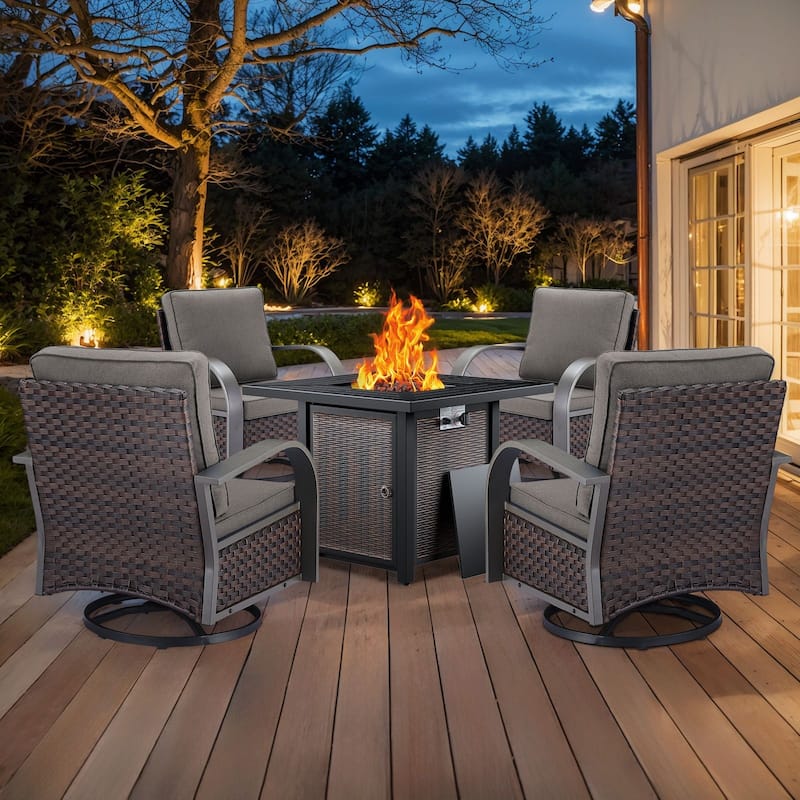 Outdoor Patio Chair with Fire Pit Table Set - Brown Rattan - Beige Cushion - 4 Patio Chair with Fire Table