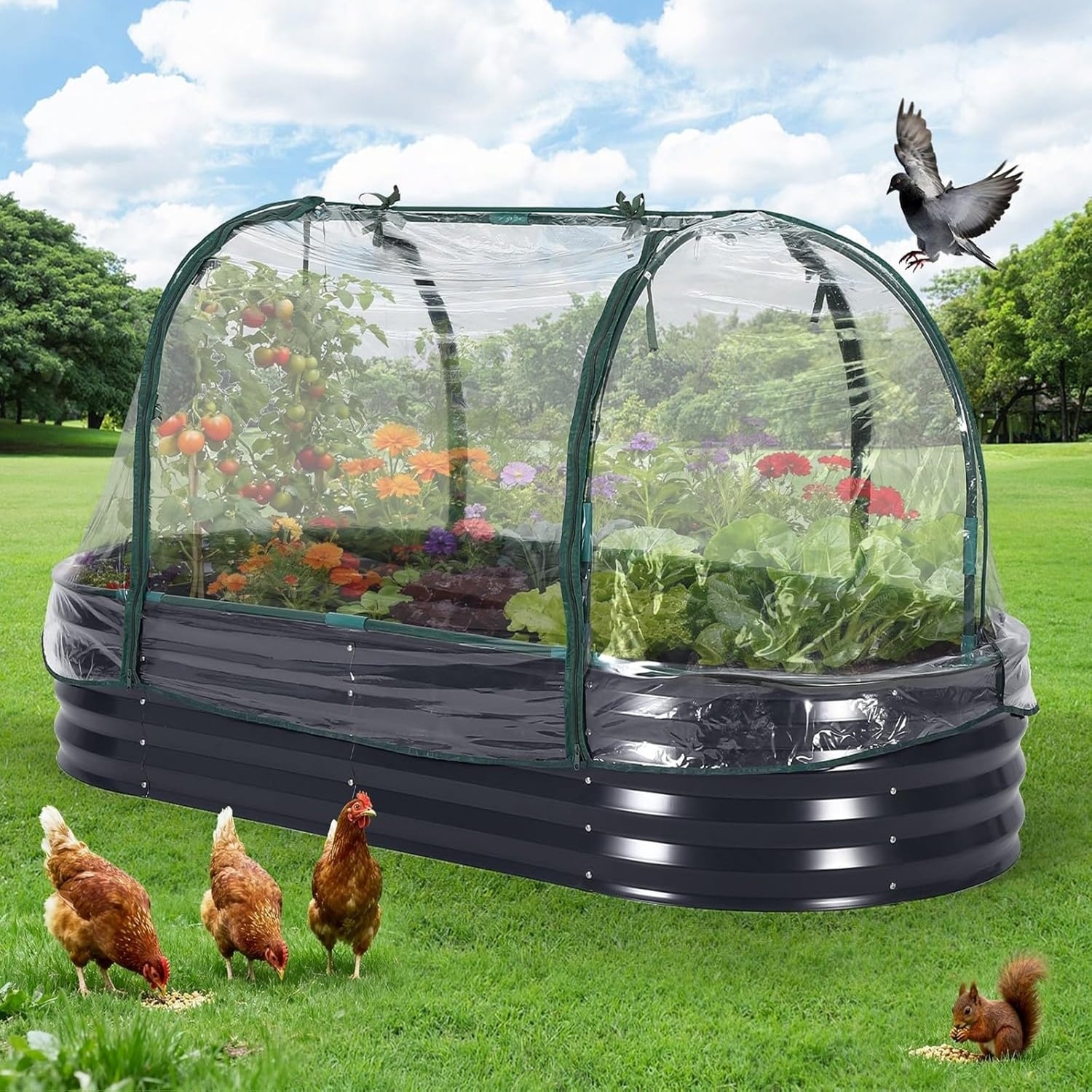 8x4x2 ft Oval Galvanized Steel Raised Garden Bed Kit with Zippered Cover - Open-Bottom Planter Gray