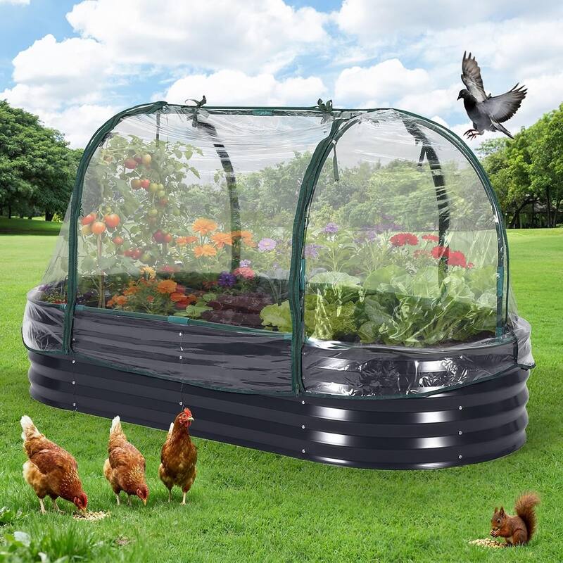 8x4x2 ft Oval Galvanized Steel Raised Garden Bed Kit with Zippered Cover - Open-Bottom Planter Gray - 180*90*30cm