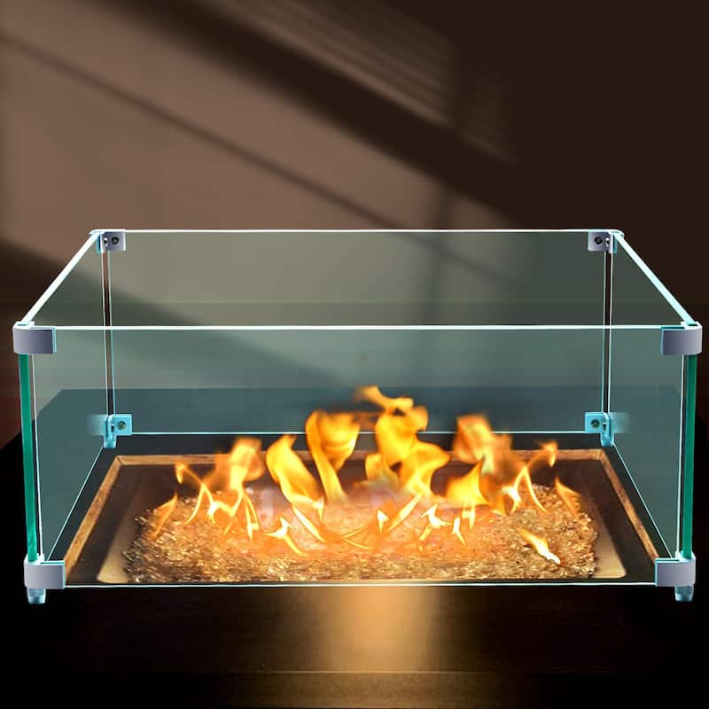 Clear Tempered Glass Fire Pit Guard with Alloy Brackets - 14" L x 14" W x 6" H