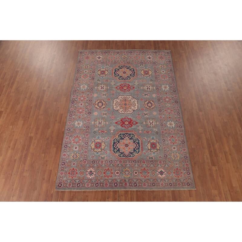 Gray Geometric Kazak Oriental Area Rug Handmade Wool Carpet - 6'8" x 9'8"