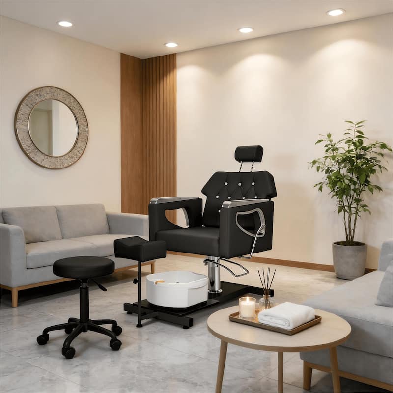 Pedicure Chair with Foot Spa Stool with Adjustable Pedicure Stand - Black