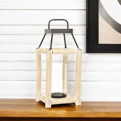 18" Natural And Black Glass Metal And Wood Tabletop Lantern Candle Holder - Large