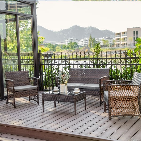 Outsunny 6-Piece Outdoor Patio Rattan Wicker Furniture Set with Comfortable Cushions Removable Covers White