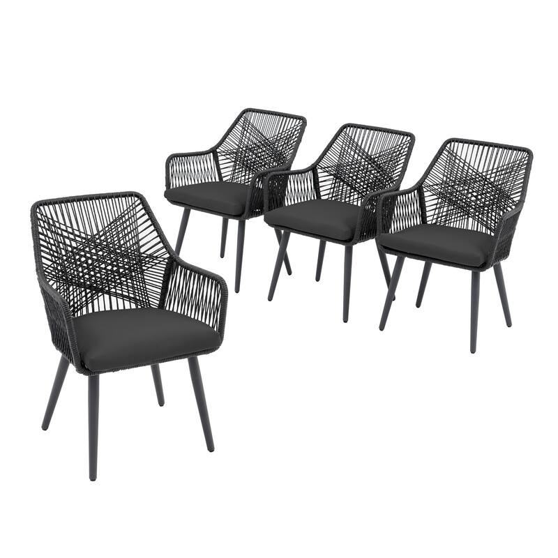 Outdoor Patio Woven Rope Dining Chairs With Armrest and Seat Cushions