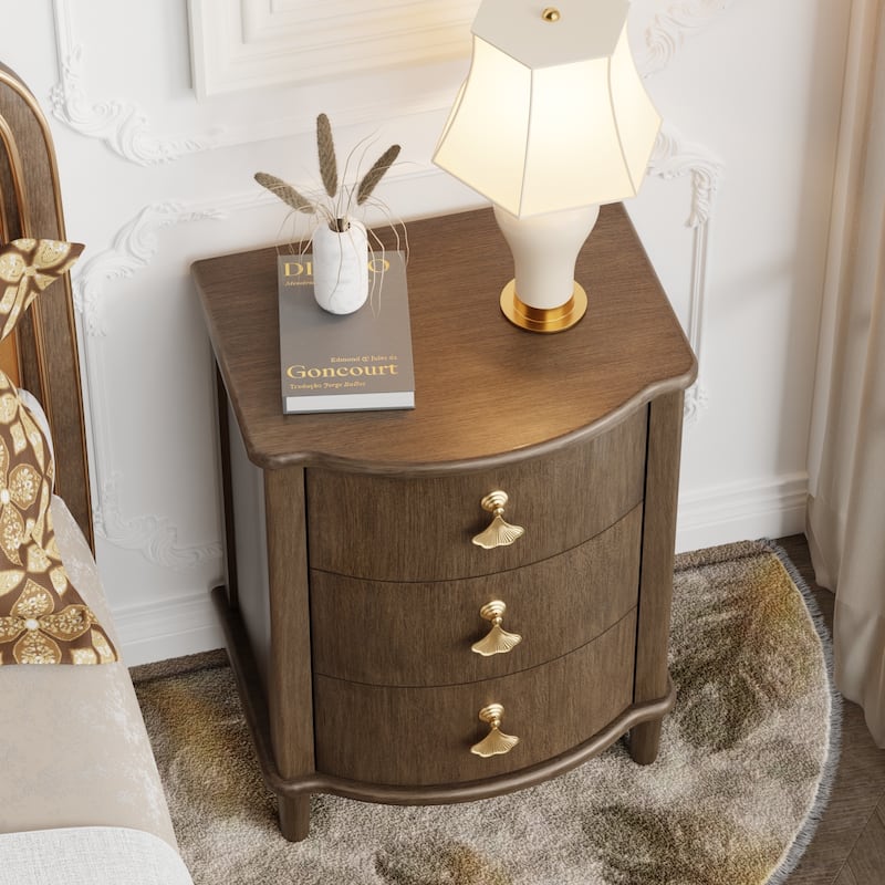 COZAYH Elegant 3-Drawer Nightstand with Gold Leaf Handles, Vintage Curved Front Design, Distressed Finish