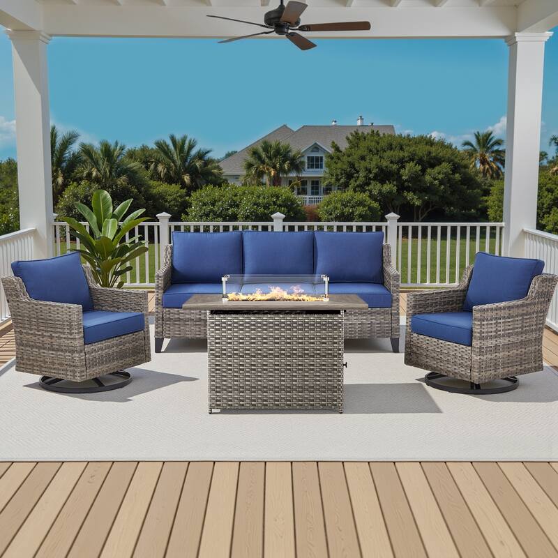 Pocassy Outdoor Swivel Chair with Sofa with Fire Pit Table - Blue Cushion Gray Wicker - 4-Piece Sofa Siwvel Chair w/ Fire Pit Table