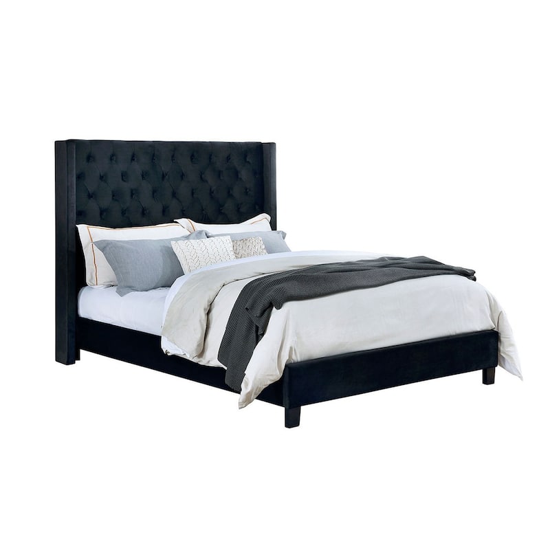 Velvet-like Fabric Upholstered Queen Bed with Wingback Headboard - Black