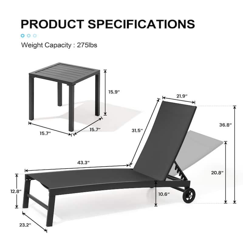 3-piece Outdoor Adjustable Aluminum Reclining Chaise Lounge Chairs with Wheels and Side Table Set