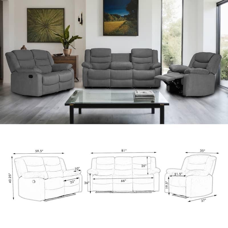 Modern 3-Piece Manual Reclining Living Room Sofa Set with Dropdown Table and Console