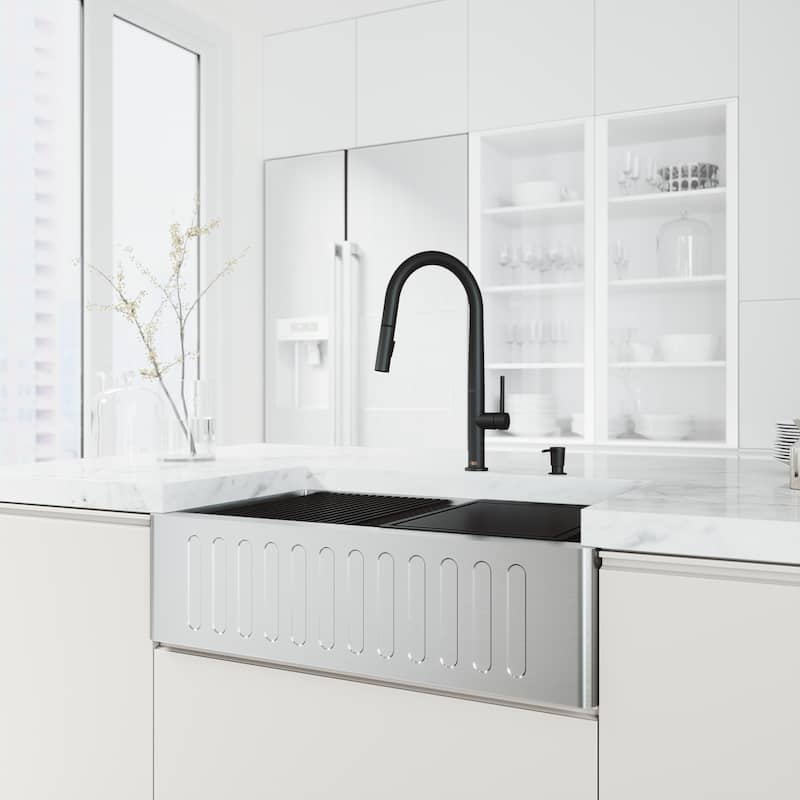VIGO Oxford Stainless Steel Single Bowl Slotted Apron Farmhouse Kitchen Sink and Accessories