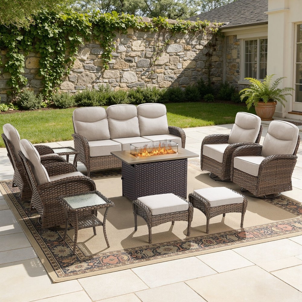 Meyreso 10-Piece Wicker Outdoor Patio Fire Pit Sofa Set with 6-Inch Thick Cushions