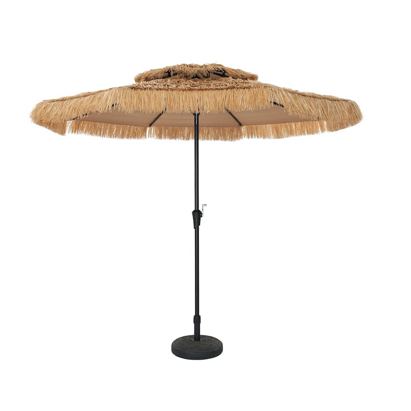 Clihome 9 Ft. Outdoor Double Top Hawaiian Style Thatch Umbrella - Brown With A-base