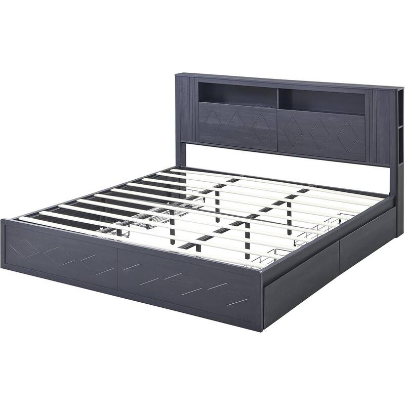 Modern King Size Wood Bed Frame with Charging Station and LED Lights
