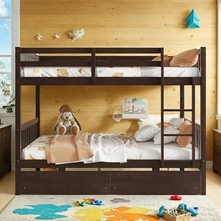 Full Over Full Rubber Wood Bunk Bed with 2 Drawers, Detachable Beds
