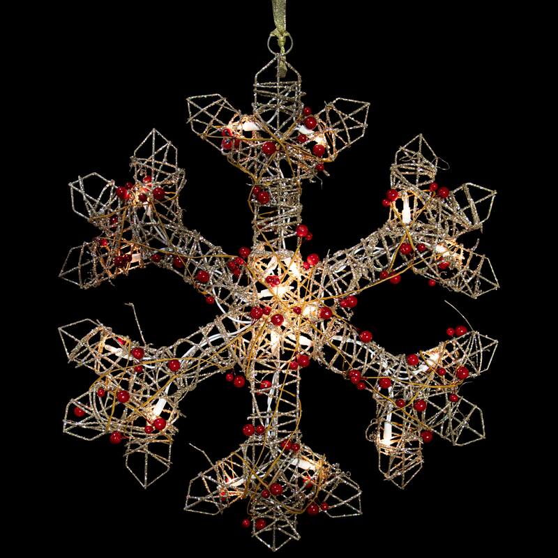 19" Silver Glittered Berry Rattan Snowflake Christmas Window Decor