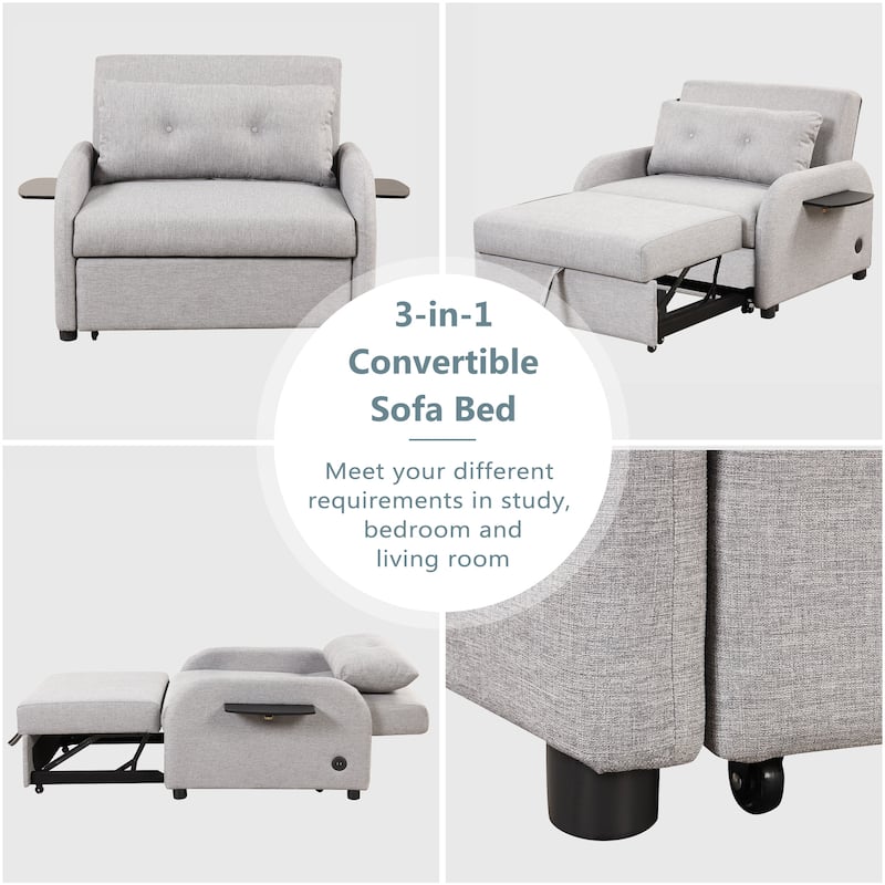 3 in 1 Pull Out Sleeper Sofa, Sofa Bed with Adjustable Backrest, Daybed with USB Charging Port and Wing Table