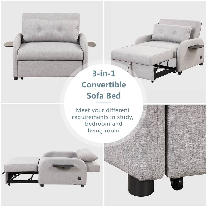 Roomfitters 3-in-1 Pull-Out Sofa Sleeper with 2-Wing Table USB Charging Port for Living Room Recreation Room