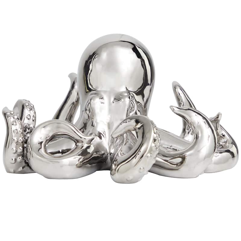 Silver Ceramic Octopus Decorative Sculpture with Textured Tentacles