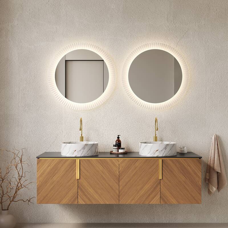 GDFStudio - Arai Modern 60" Floating Bathroom Vanity with Black Sintered Stone Countertop, Dual Ceramic Basin & 4 Doors