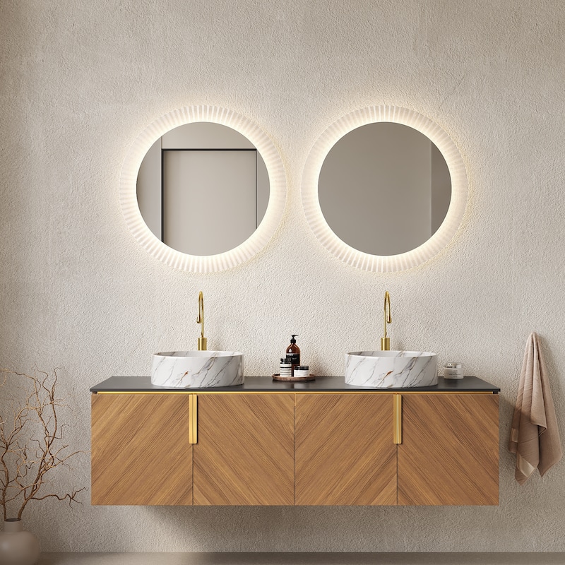 Wall-Mounted Single Sink Bathroom Vanity Cabinet, Countertop Round Ceramic Basin with Stone Pattern, 30 Inch / 60 Inch