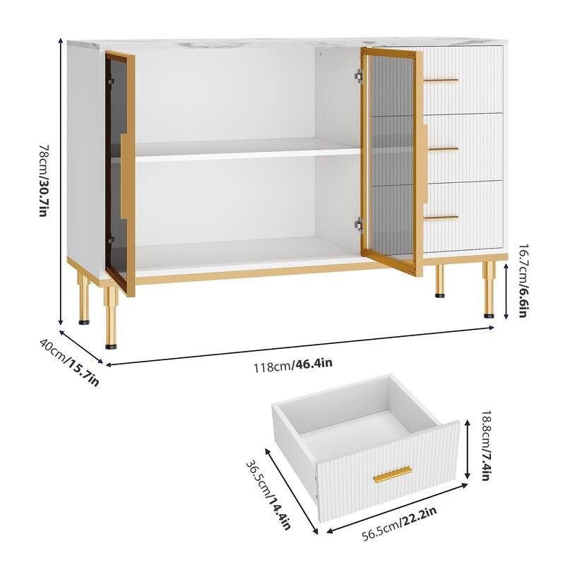 Fluted Sideboards Buffets Cabinet with Glass Doors, 3 Drawers, Marble Top Kitchen Sideboard Cabinet