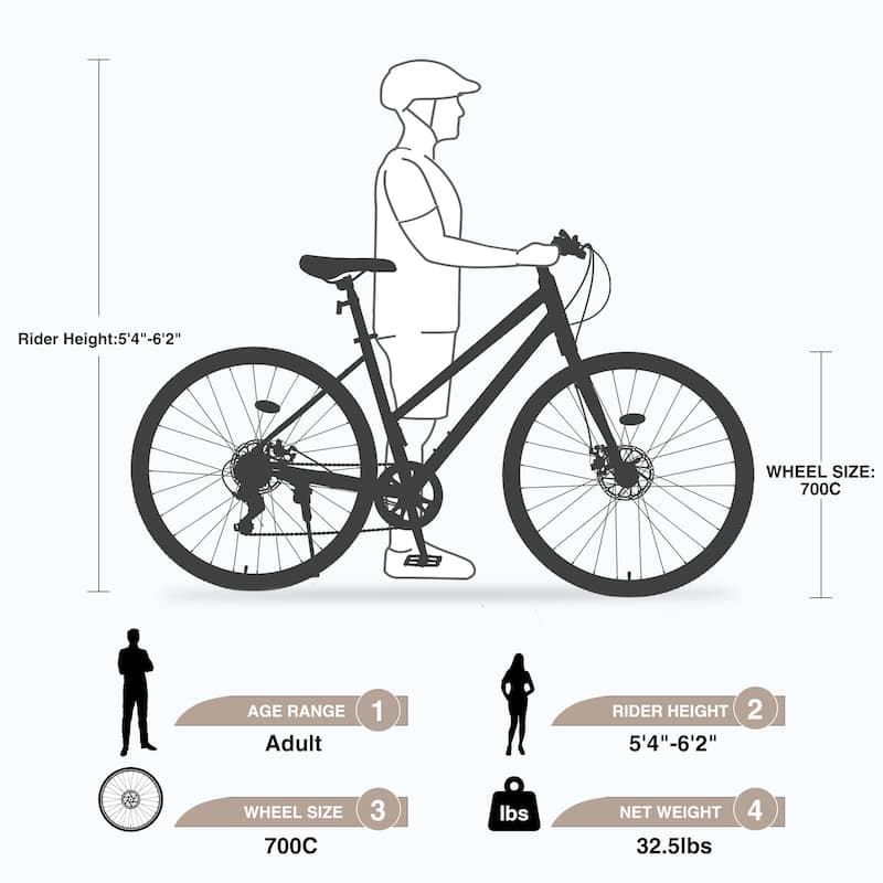 7 Speed Hybrid City Commuting Bike with Double Brakes, 18 Inch Steel Frame, 700C Road Cycling Bicycle for Boys & Girls