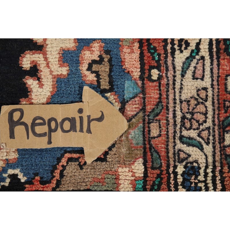 Dark Blue Hamedan Vintage Persian Runner Rug Hand-Knotted Wool Carpet - 3'7" x 10'1"