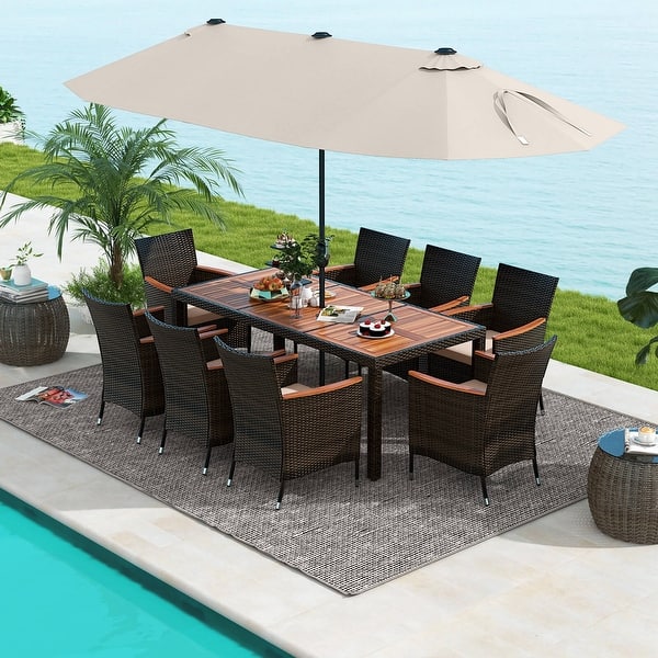 bed bath and beyond patio dining set with umbrellas 11 PCS Patio Dining Set Outdoor Rattan Furniture Set w/ 15ft Umbrella - On  Sale - Bed Bath & Beyond