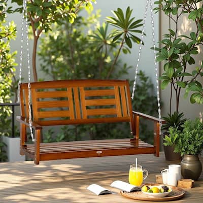 Pine Wood Porch Swing with Chains - Outdoor 2-Person Hanging Bench (550lb Capacity)