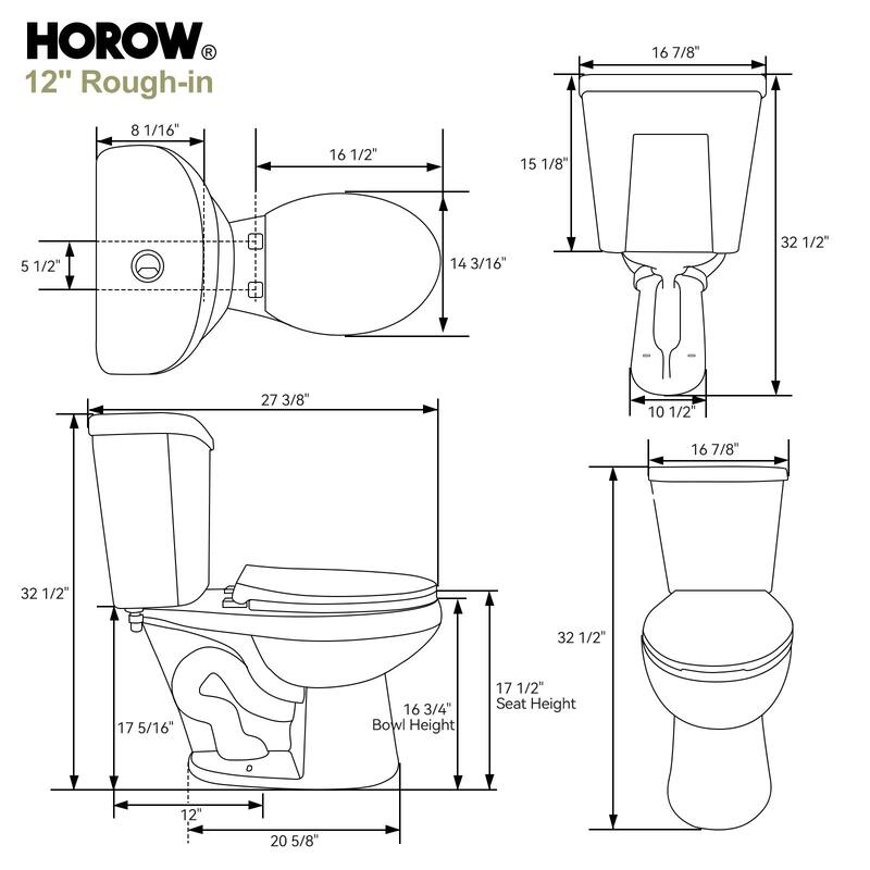 HOROW 17 Inch ADA Chair Height 2 Piece High Efficiency Dual Flush Round Toilet White 1.28 GPF Strong Flush Soft Close Seat