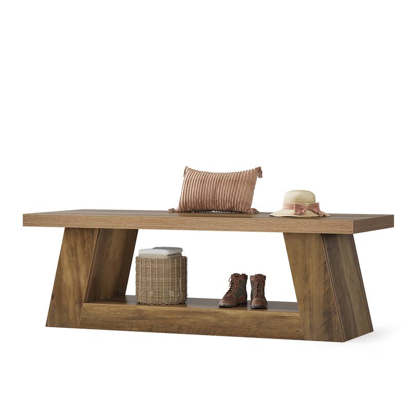 63" Extra Long Wooden Entryway Bench, 2-Tier Storage Shelf Hallway Seating Bench for Living Room, Bedroom, Kitchen