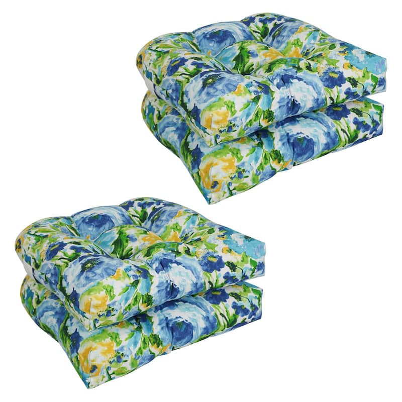 19-inch Rounded Back Tufted Indoor/Outdoor Chair Cushions (Set of 4) - 19" x 19" - Lesandra Sunblue