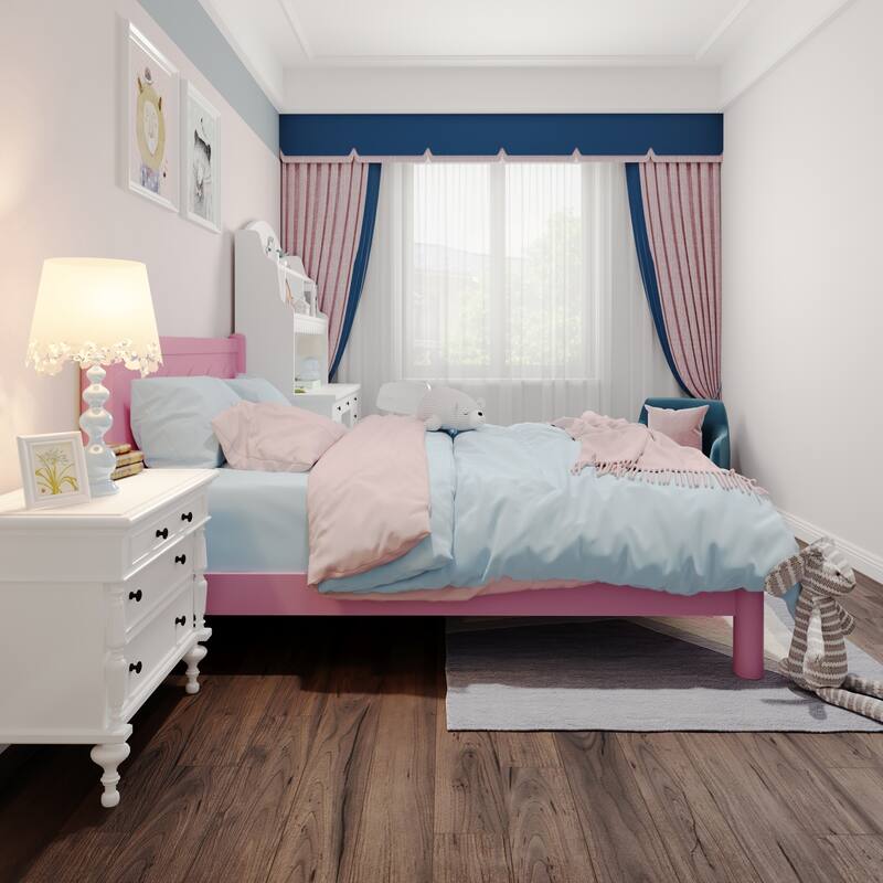 Queen Size Pink Wood Platform Bed with Headboard, Solid Wood Legs, 10-Slat Mattress Foundation, No Box Spring Needed