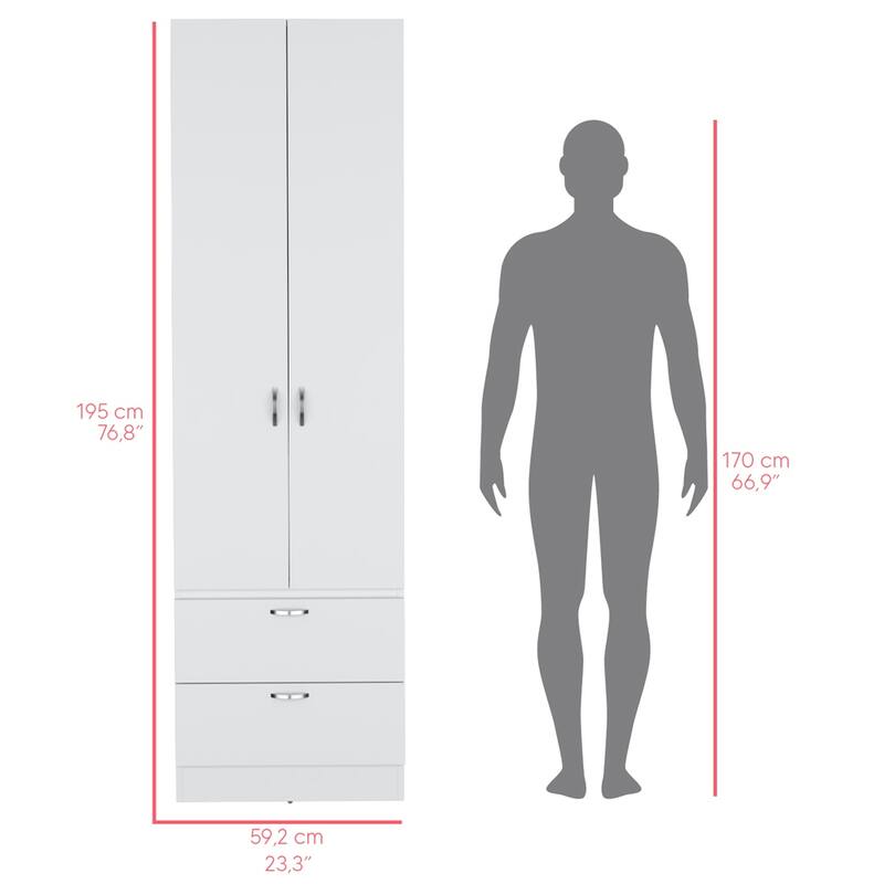 19.5" Modern Double-door Armoire with Hanging Rod, One Shelf and Two Exterior Drawers