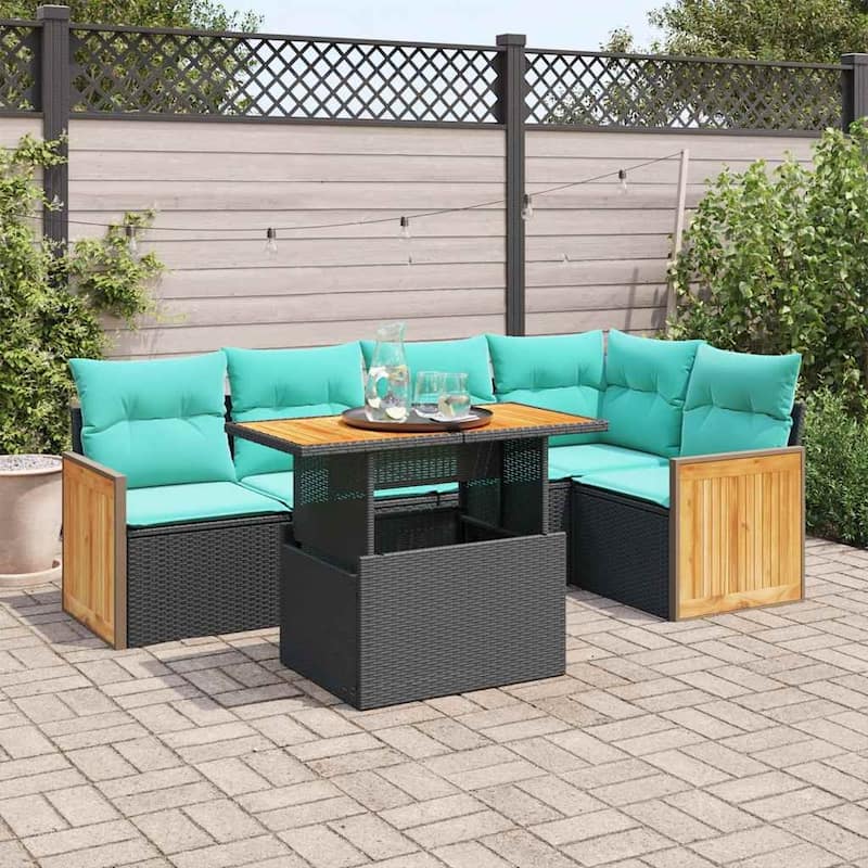 vidaXL Patio Sofa Set with Cushions Outdoor Furniture 6 Piece Poly Rattan - 21.7 x 24.4 x 27.2 - Black-with storage