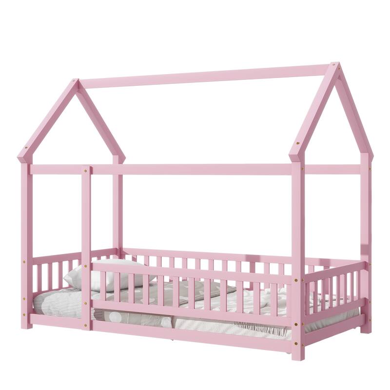 Twin Size Floor Wooden Bed with House Roof Frame, Fence Guardrails, NO Box Spring Required, Easy Assembly