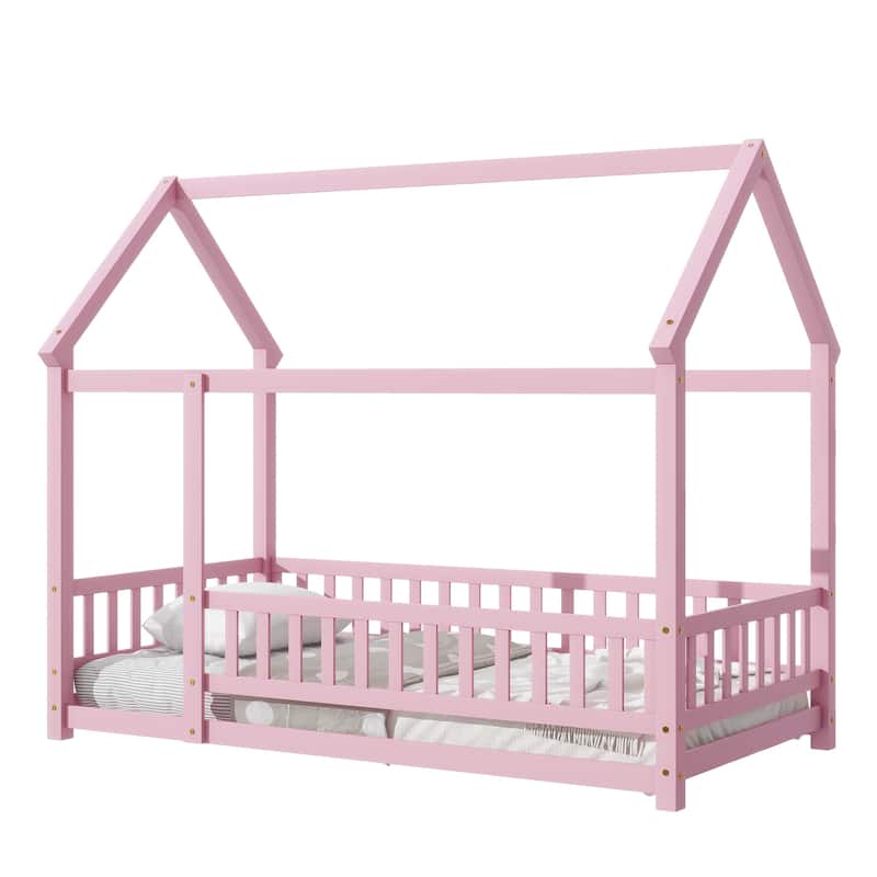 Wooden Floor Bed with House Roof & Guardrails