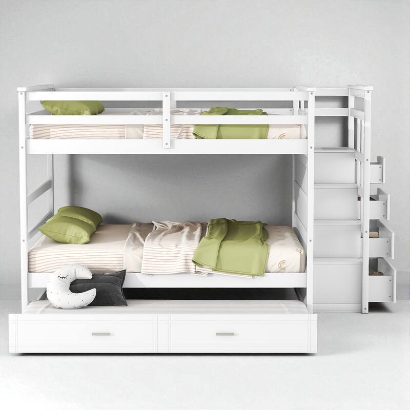 Twin Over Twin Bunk Bed with Trundle and Storage Drawers, Staircase Bunk Frame for Kids and Teens