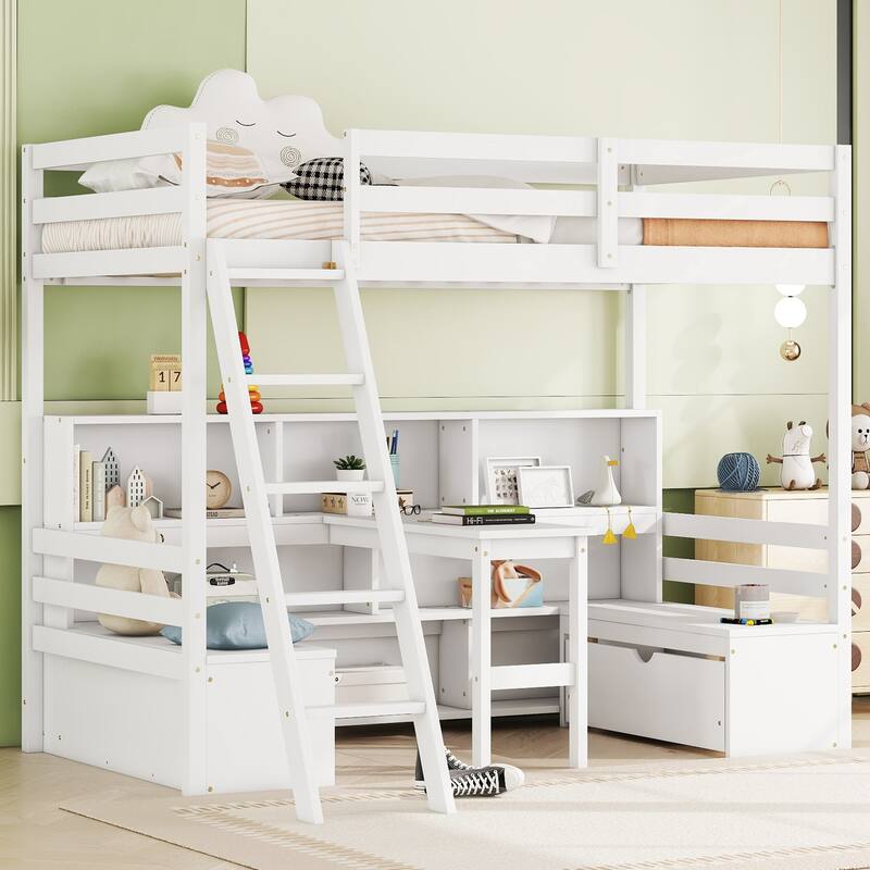 Space-Saving Twin Loft with Work Area, Seating, Drawers & Shelves - Kids Wooden Frame