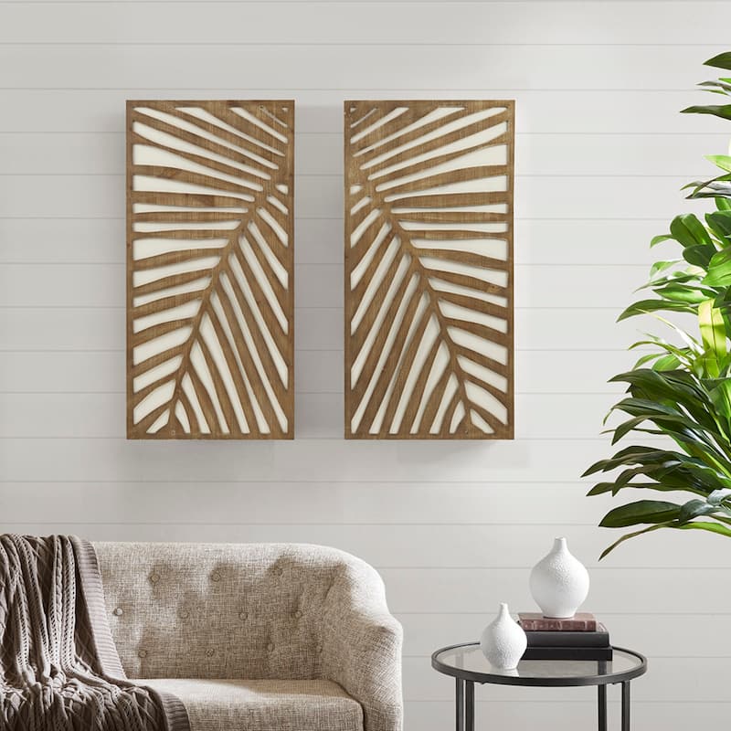 Roomfitters 2-Piece Tropical Palm Leaf Carved Wood Wall Decor Set, Dark Brown and White Botanical Dimensional Art