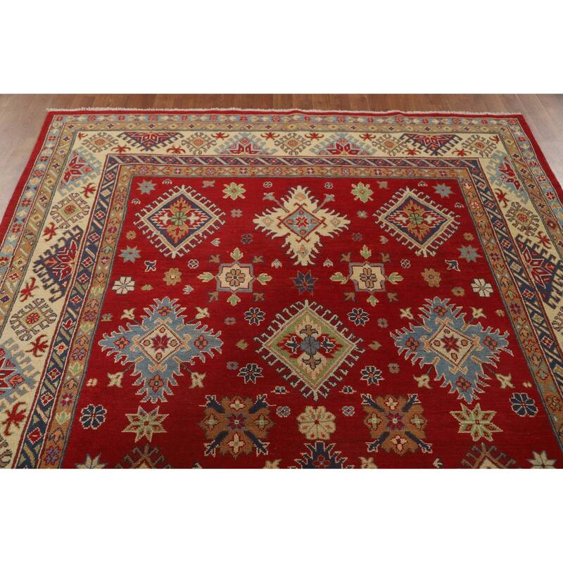 Red Geometric Kazak Area Rug Hand-Knotted Bedroom Wool Carpet - 6'2" x 10'2"