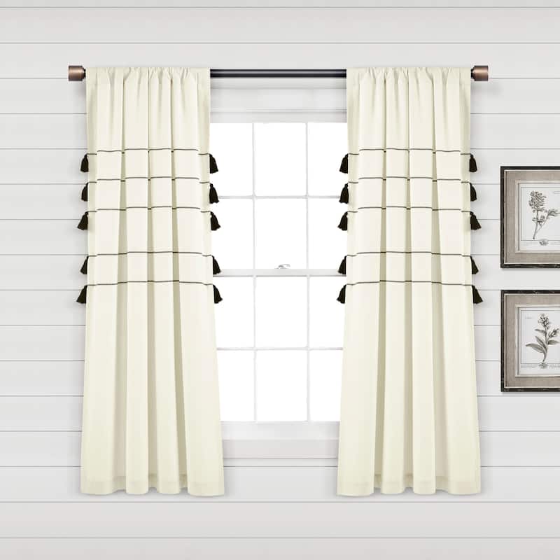 Lush Decor Farmhouse Boho Stripe Woven Tassel Yarn Dyed Cotton Window Curtain Panel Pair - 63 Inches - Ivory & Black