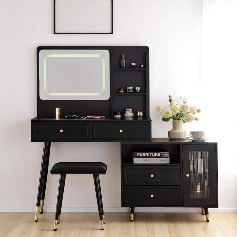 Makeup Vanity with Mirror, LED Light Modes, Built-in Charging Ports, Drawers & Cabinet, Compact Adjustable Desk