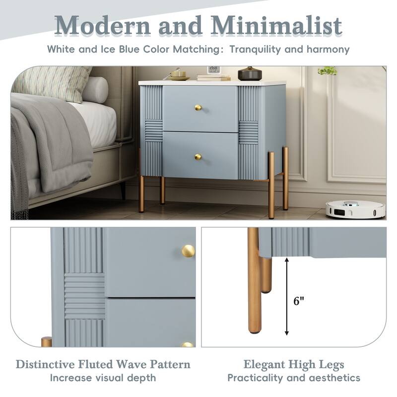 Contemporary Nightstand Featuring 2 Storage Drawers, Fluted Design with Gold-Tone Metal Handles and Legs, Versatile End Table
