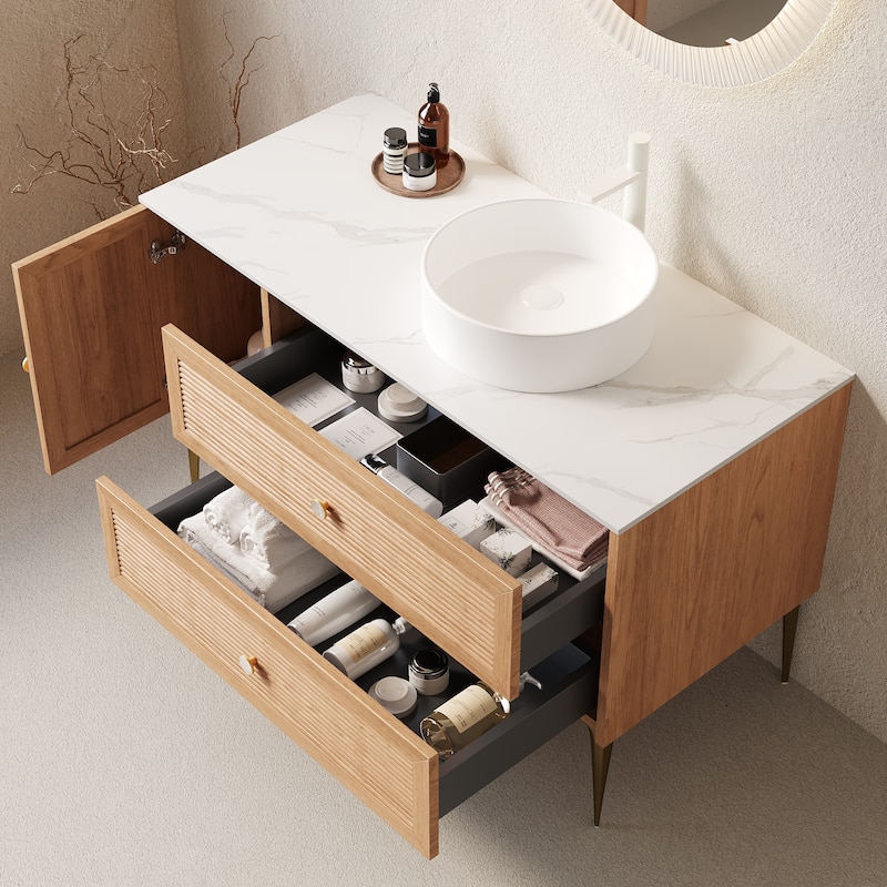 36" Freestanding Vanity with Ceramic Sink‌ – Plywood Cabinet, 4 Metal Legs, 2 Drawers & 1 Door – Pre-Assembled, No Faucet. - 48"