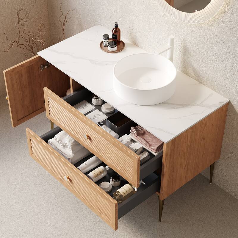 GDFStudio - Munin Freestanding Bathroom Vanity with Ceramic Sink, 4 Metal Legs, Oak Woodgrain Color, WITHOUT Faucet - 48"