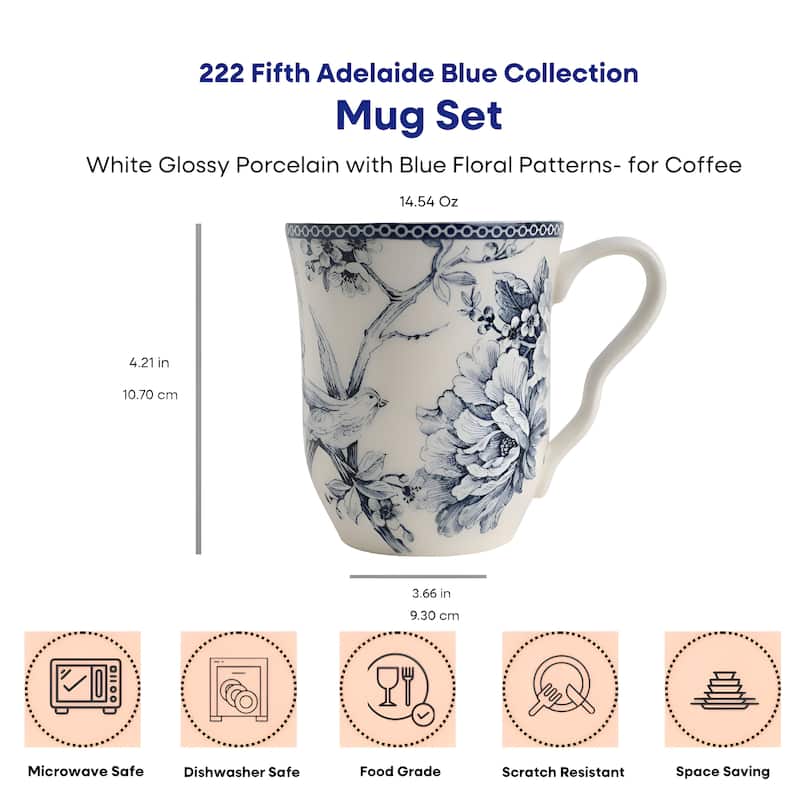 222 Fifth Adelaide Large Coffee Mugs Set of 4, Blue Porcelain Cups, 14.5 oz
