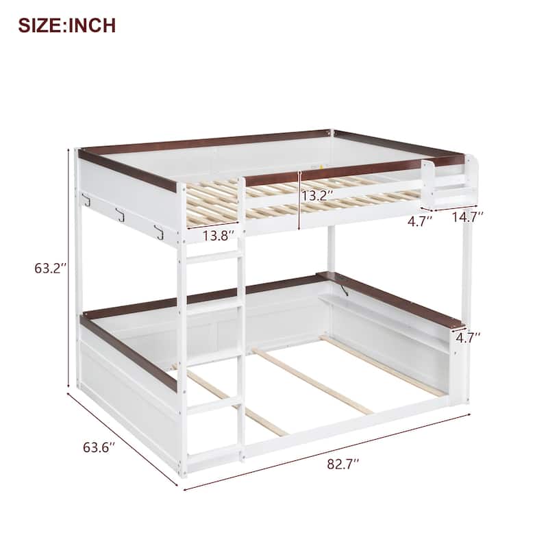Queen over Queen Size Bunk Bed with Built-in Shelves and LED Light, Versatile Kids Bed Frame with Charging Station & Hooks
