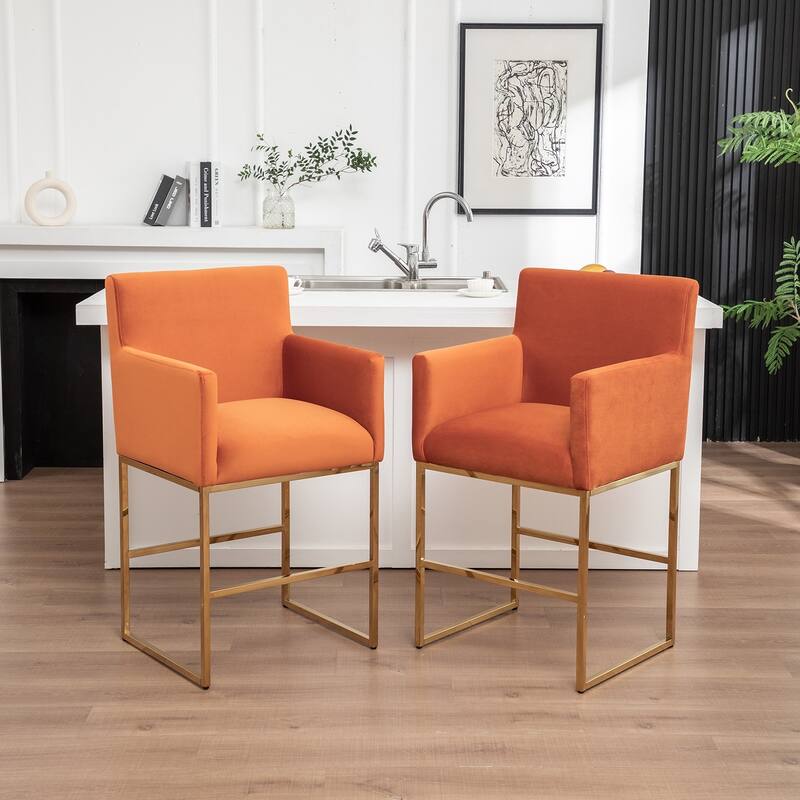 SEYNAR Mid Century Modern Velvet Accent Armrest 27-inch Tall Bar Stool Set of 2 with Metal Frame - Orange